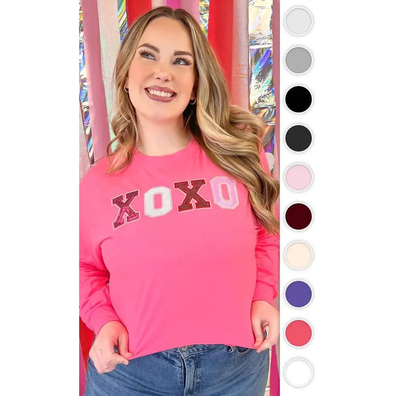 XOXO Sequin Valentine Graphic Long Sleeve T-Shirt Hoodie Sweatshirt | PrintMintTees.com