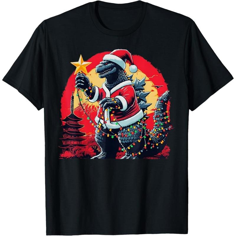 Xmas Christmas Santazilla Funny Holiday Monster Dinosaur T-Shirt men women Hoodie Sweatshirt | PrintMintTees.com