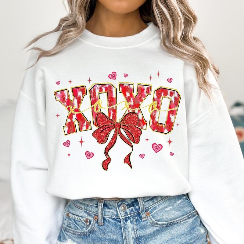 XoXo Valentine Coquette Bow Sweatshirt, Brushstroke Valentines Sweatshirt, Glitter Valentines Heart Sweatshirt,...