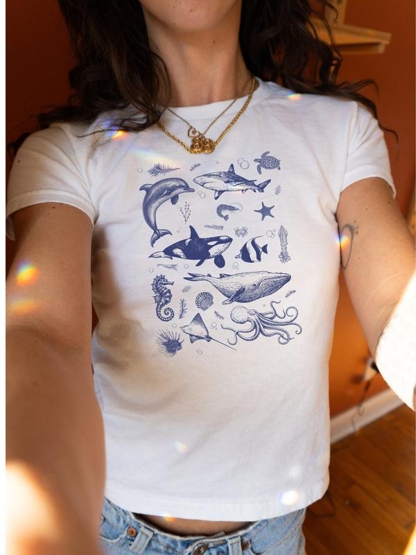 Y2K Baby Tee, Vintage 90s Ocean Shirt, Retro Sealife Wonders with Whale, Orca, Turtle and Dolphin Shirt, Summer Beach...