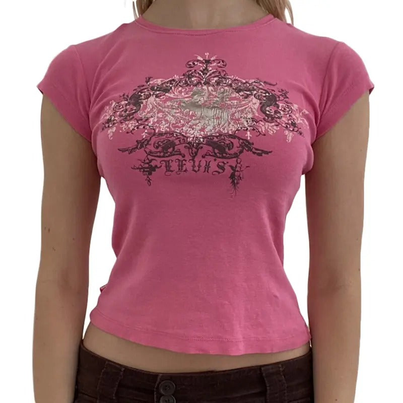 Y2K Crop Tops for Woman Casual Short Sleeve Crew Neck  Slim Fit Baby Tees Vintage Acanthus Print Exposed Navel T-Shirt...