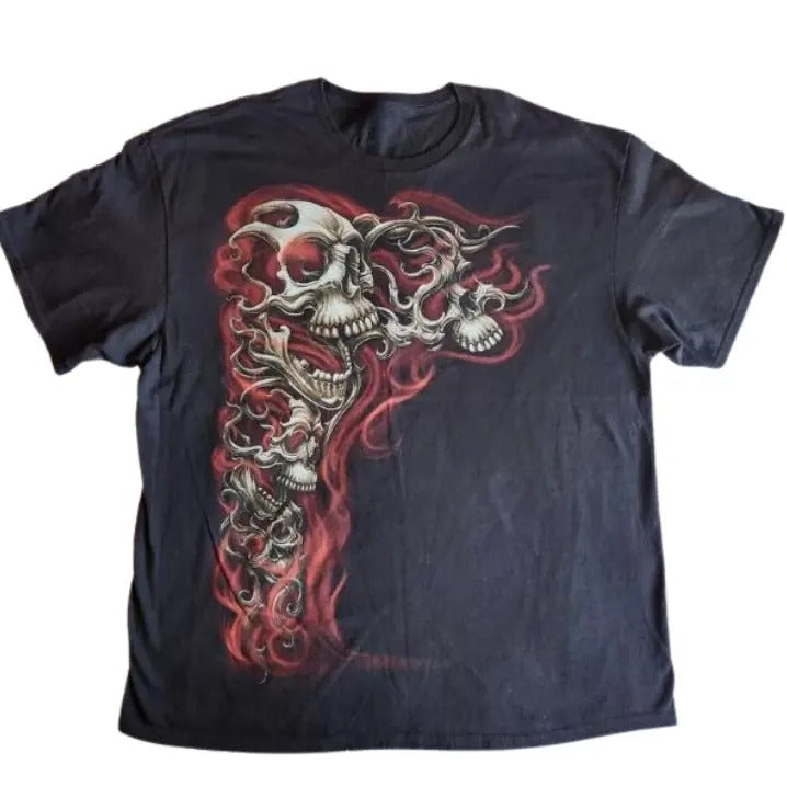 Y2K Gothic Punk Flaming Skulls Biker Grunge Affliction Black Graphic T-Shirt, Skulls Shirt, Unisex T-Shirt, Gift For Men...