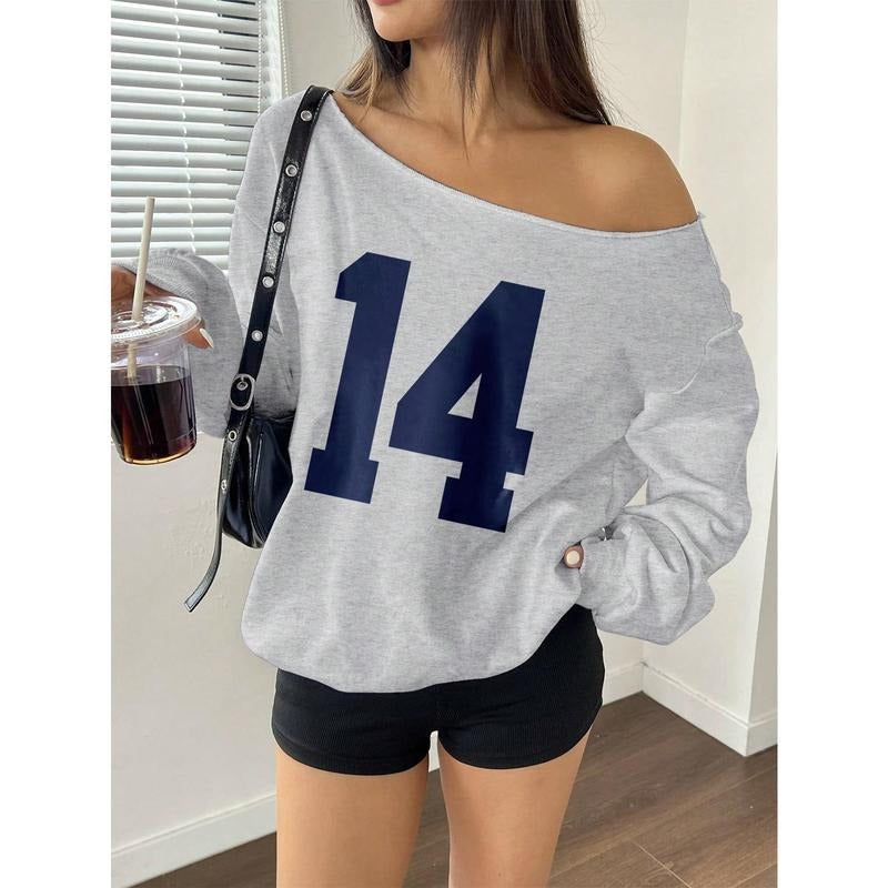 Y2K Jersey Sweatshirt Number Print Off Shoulder Sweatshirt Long Sleeve Asymmetrical Shoulder Loose T Shirt Oversize Soft...