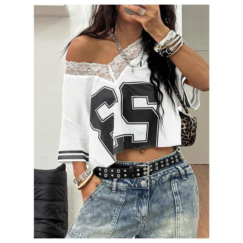 Y2K Lace Mesh Jersey Shirts V Neck Short Sleeve Off The Shoulder Tops Crop Graphic Tees Hoodie Sweatshirt | PrintMintTees.com