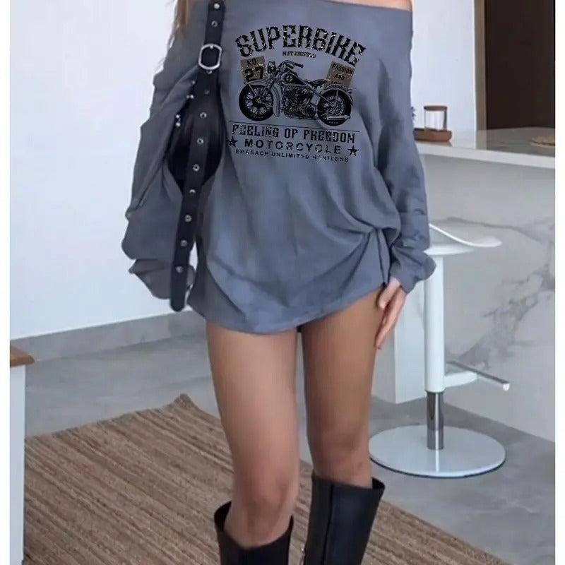 Y2K Letter Printed Off Shoulder Long Sleeve Casual Tops Outfits T-Shirts, Hoodie, Sweatshirt