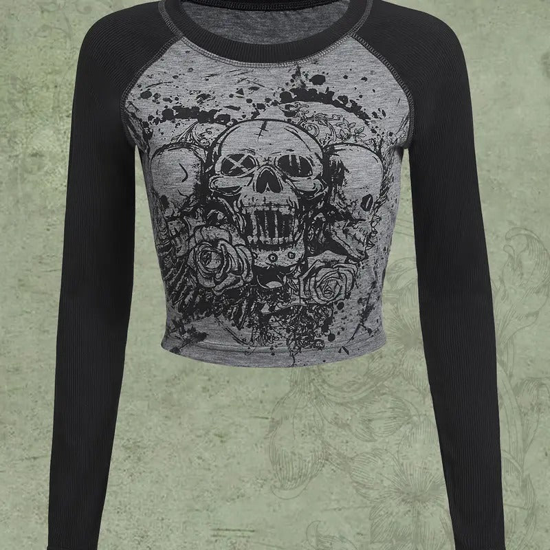 Y2K Shirt Gothic Long Sleeve Crop Tops Graphic Tees Skull Floral Print T Shirts Hoodie Sweatshirt | PrintMintTees.com