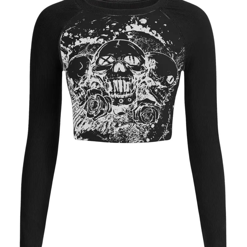 Y2K Shirt Gothic Long Sleeve Crop Tops Graphic Tees Skull Floral Print T Shirtsstyle{n002}2 Hoodie Sweatshirt