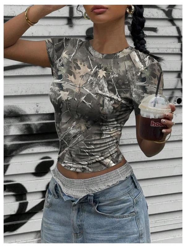 Y2k Camo Maple Leaf Print Crop T Shirts Crew Neck Short Sleeve Slim Fit Tops Grunge Going Out Hoodie, Sweatshirt