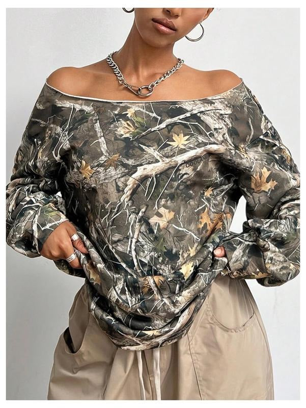 Y2k Camo Shirt Tropical Off Shoulder Long Sleeve Camouflage Top T-Shirts, Hoodie, Sweatshirt