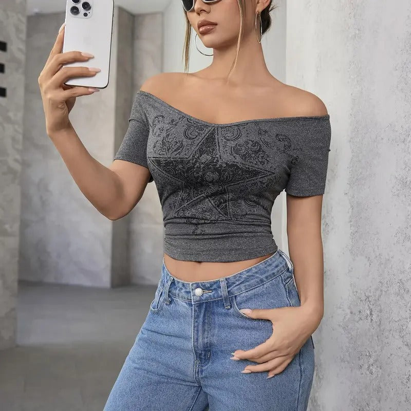 Y2k Graphic Tees Crop Tops Star Print Off Shoulder Short Sleeve T Shirts Hoodie Sweatshirt | PrintMintTees.com