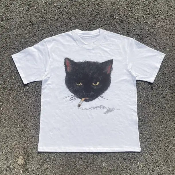Y2k Smocking Cat T-Shirt, Unisex Vintage Graphic Tees Gothic Grunge Y2k Emo Scene Amity Affliction Style Clothes Men...