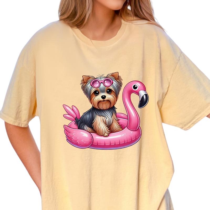 Yorkie Flamingo Float Dog Shirt ~ Unisex Apparel Relaxed Fit Printed In The USA Clothing Womenswear Casual Comfort Cotton...