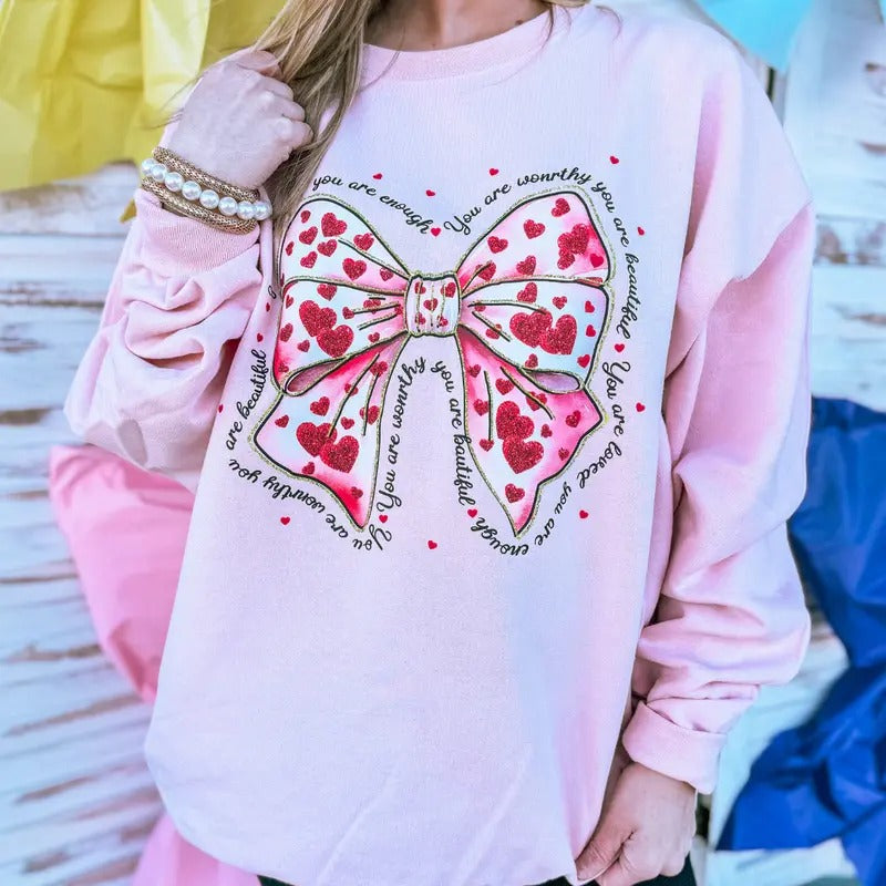 You Are Loved Coquette Unisex NuBlend Crew Sweatshirt Girly Bow AFFIRMATION Shirt Hoodie | PrintMintTees.com
