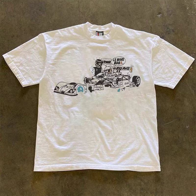 Vintage Racing Pattern White Loose Retro T Shirt Hoodie Sweatshirt | PrintMintTees.com