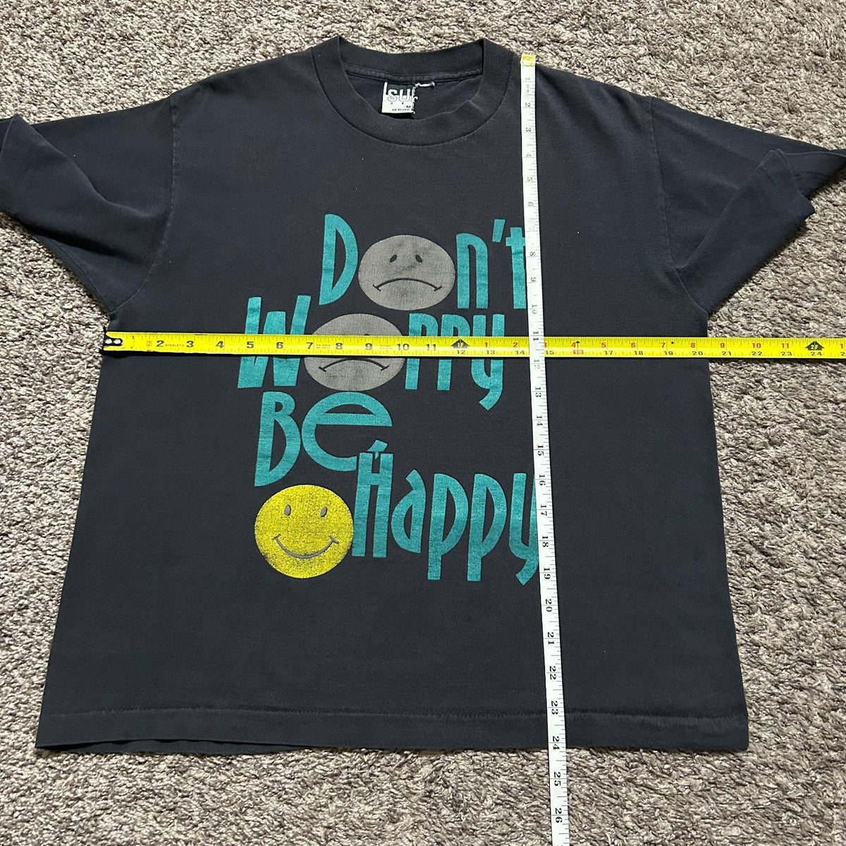 Vintage Faded Black Smiley Face 90s Worry Happy Boxy Fit Medium (3)