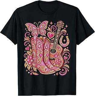 Pink Butterfly Bling Cowgirl Guitar Western Rhinestone Unisex T-shirt, Sweatshirt, Hoodie (1)
