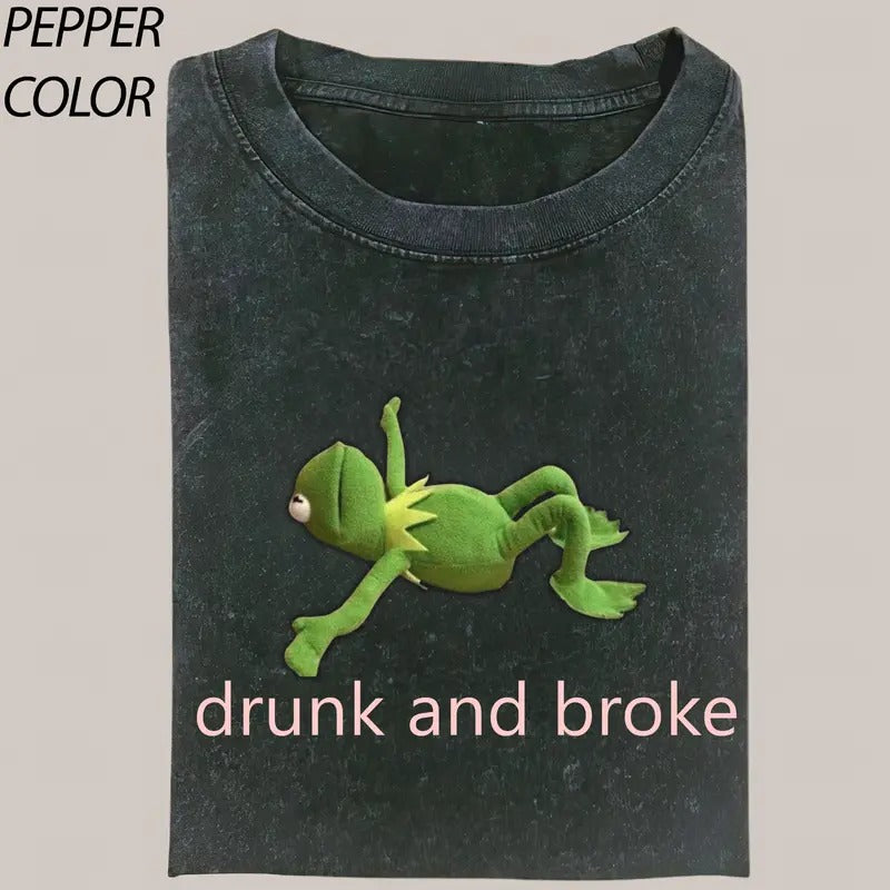 drunk and broke Vintage T-SHIRT, Funny Frog tee, Meme Funny Vintage graphic 90' Graphic tee Womenswear Top Hoodie Sweatshirt