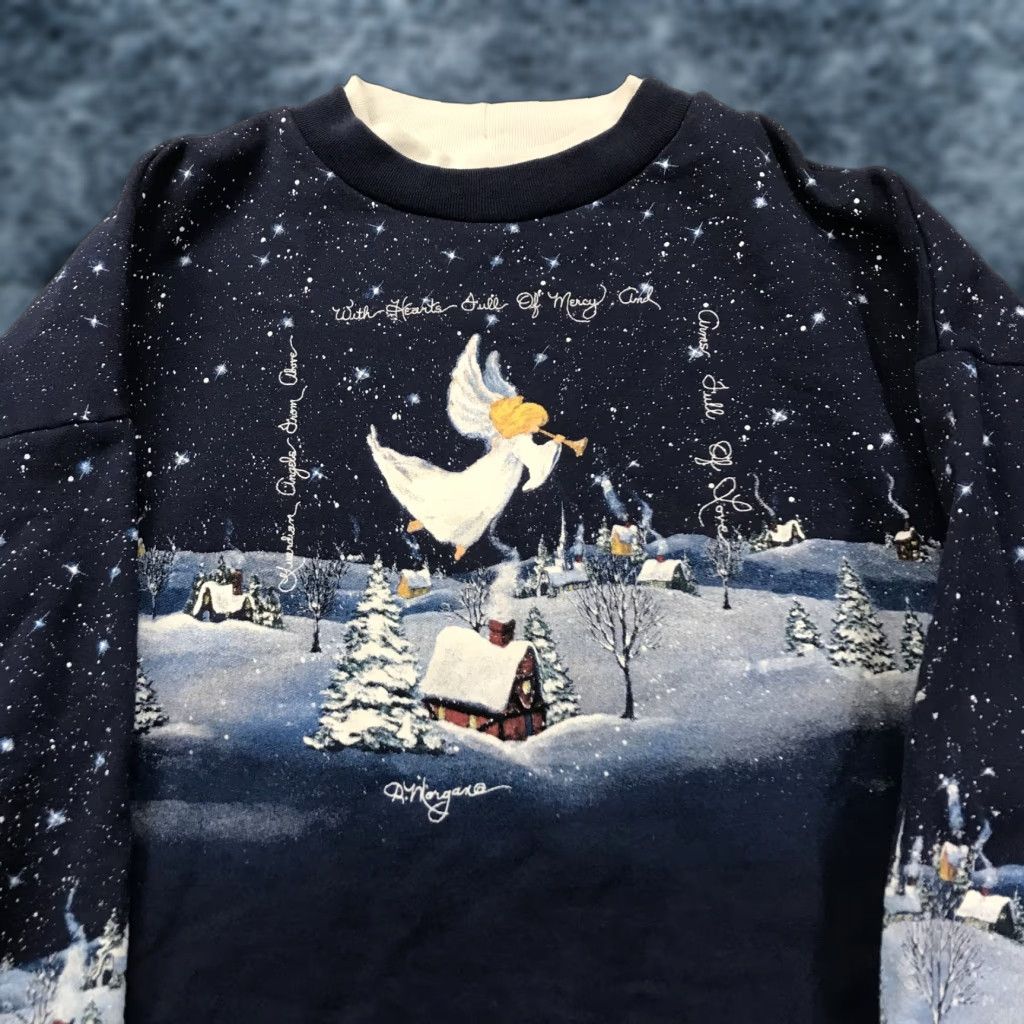 Vintage Artisan Sweatshirt Mens Large Blue Aop Nature Angel Christmas Crewneck Graphic Print Shirt Hoodie | PrintMintTees.com