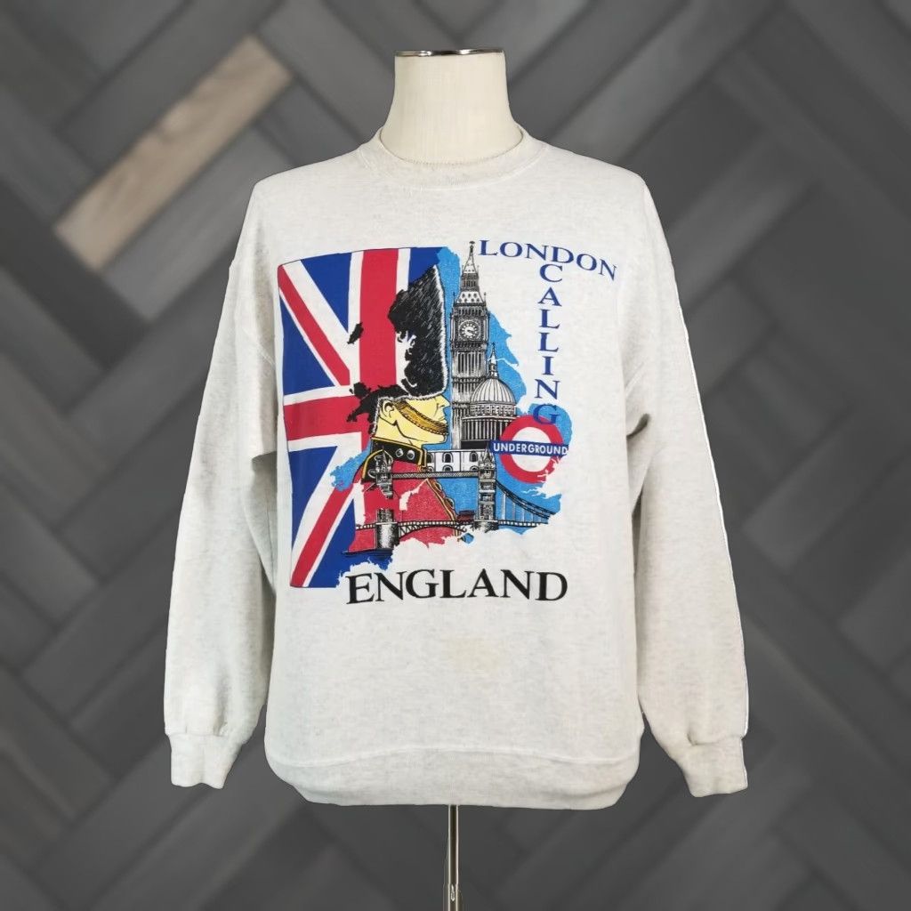 Vintage Soffe Sweat London Calling Graphic Sweatshirt Large Gray Long Sleeve 80s Unisex Adul Shirt Hoodie | PrintMintTees.com