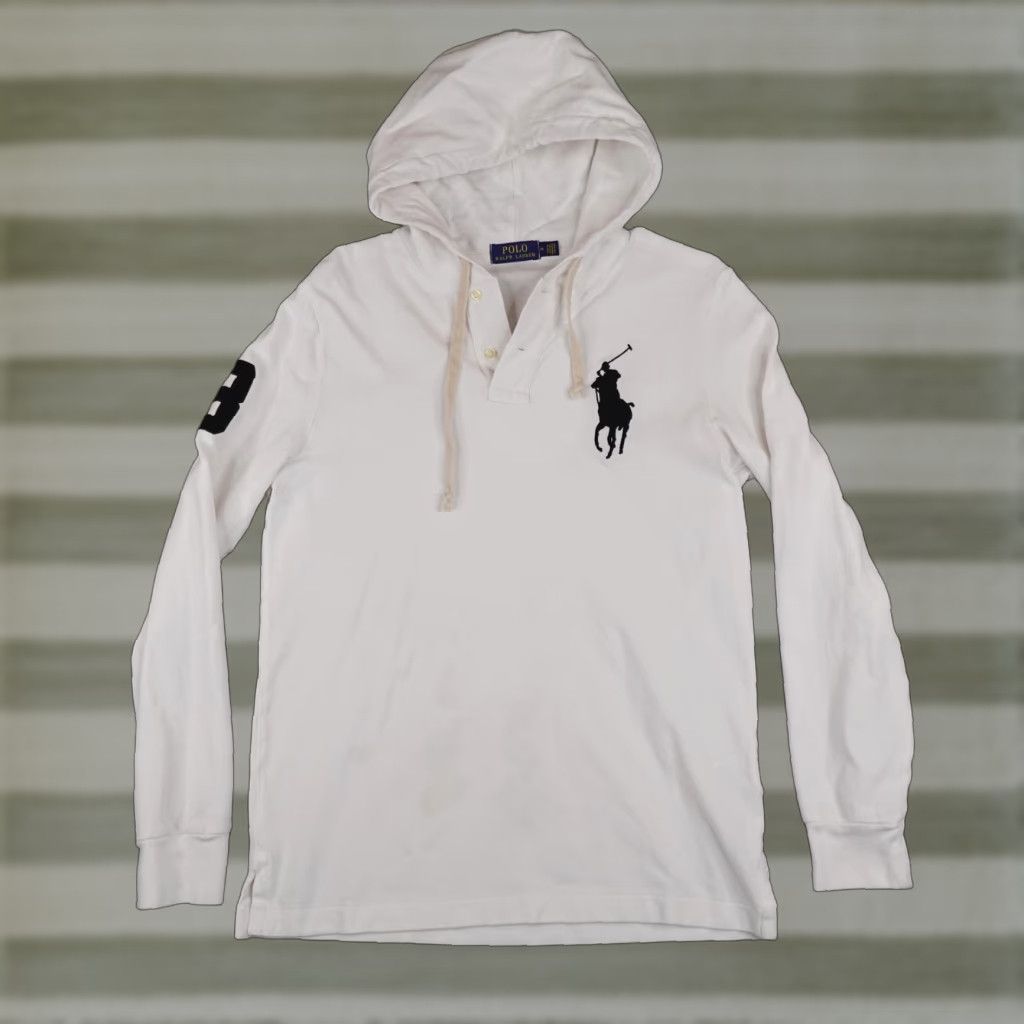 Ralph Lauren Polo Ralph Lauren Hoodie Mens M White Henley Graphic Print Logo Big Pony 3 Rugby Shirt Sweatshirt