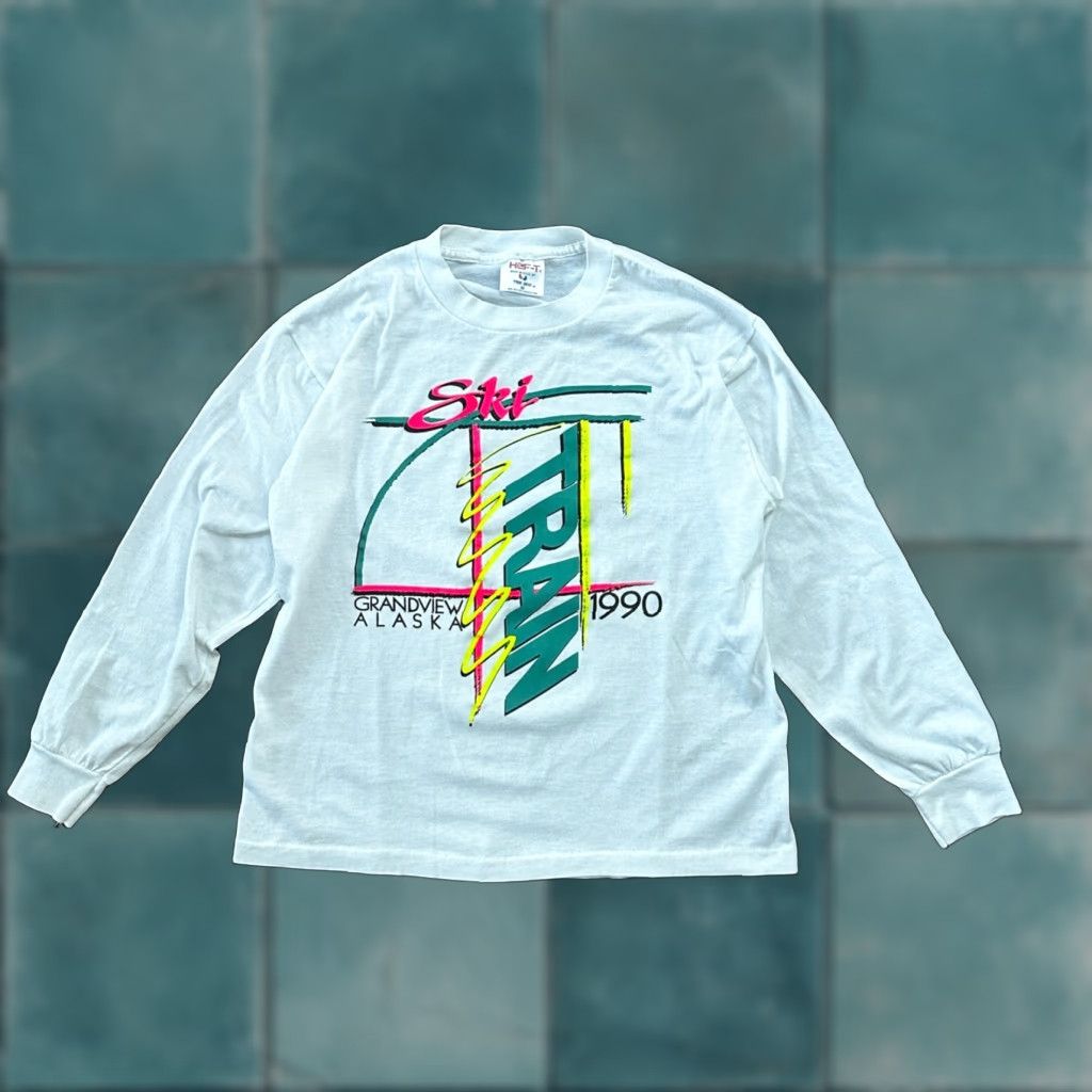 Tee Jays Vintage Ski Train 1990 T Shirt Vtg 90s Long Sleeve Alaska Grandview Teejays White Mens M Cr Hoodie Sweatshirt