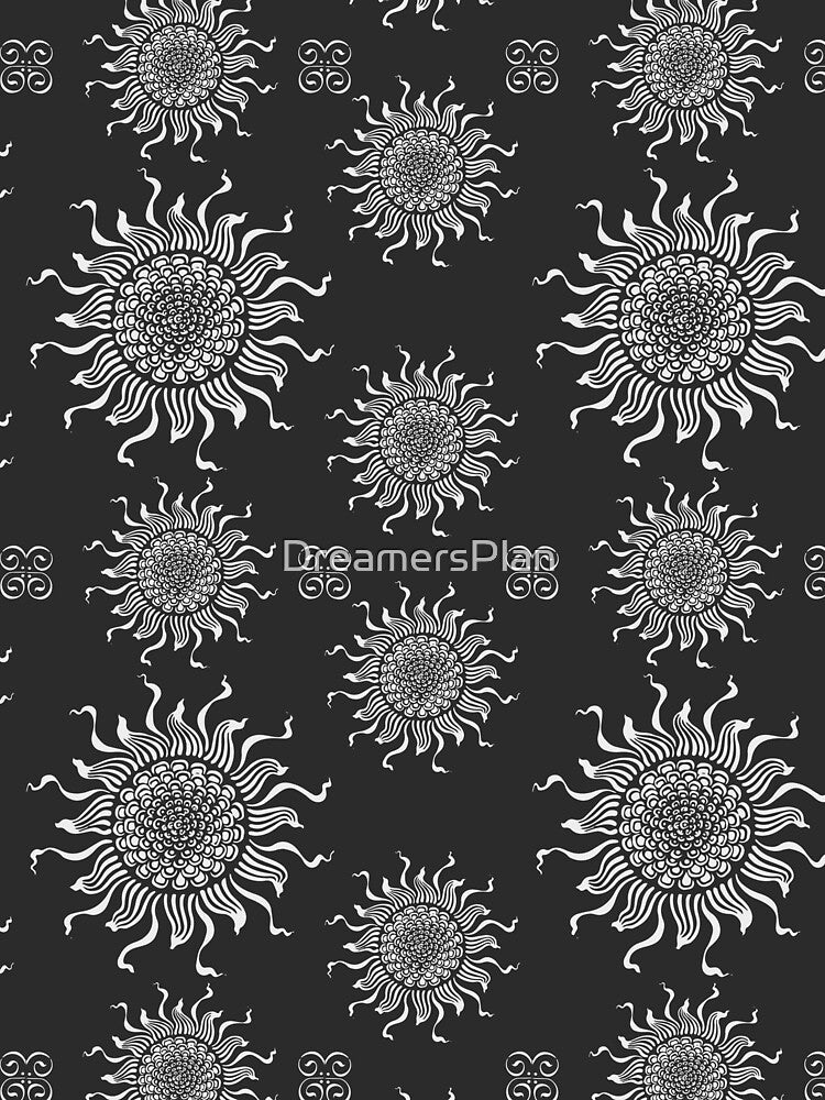 Black Sun Pattern - Vintage Sun Mandala - Black and White Nouveau by DreamersPlan