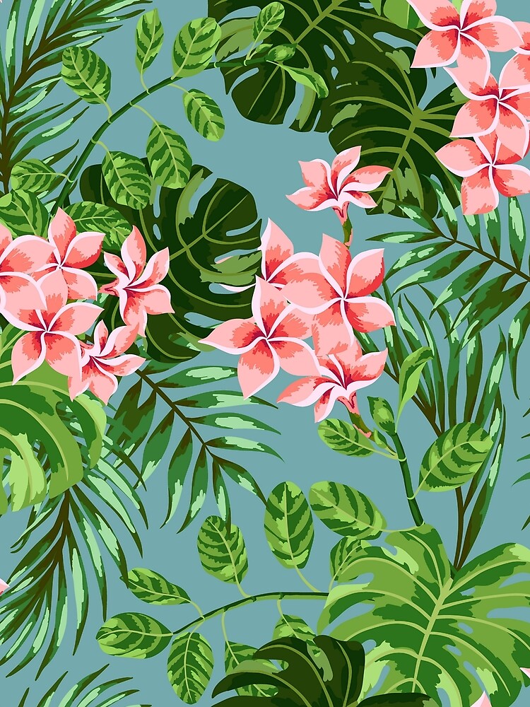 Gorgeous Vintage Tropical Floral -- Pink Flowers on Blue Background by pugmom4