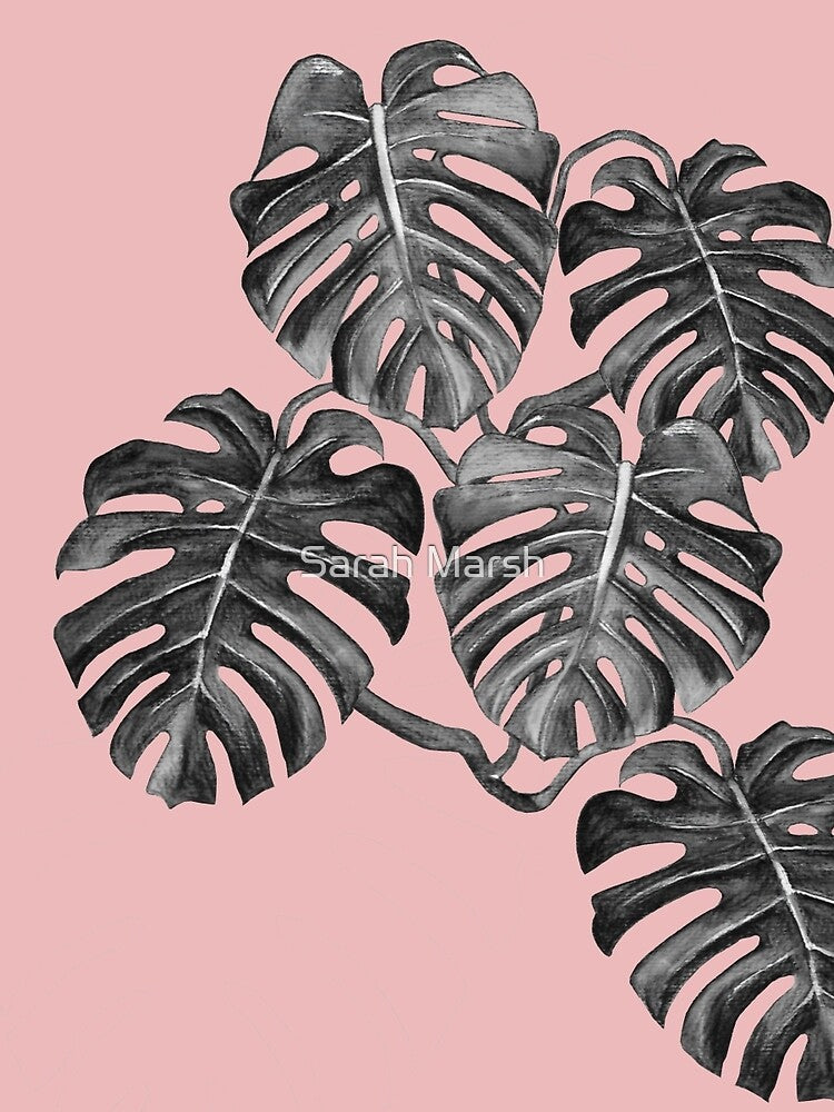 Monstera Deliciosa, swiss chess plant, Monochrome on pink, palm by Sarah Marsh