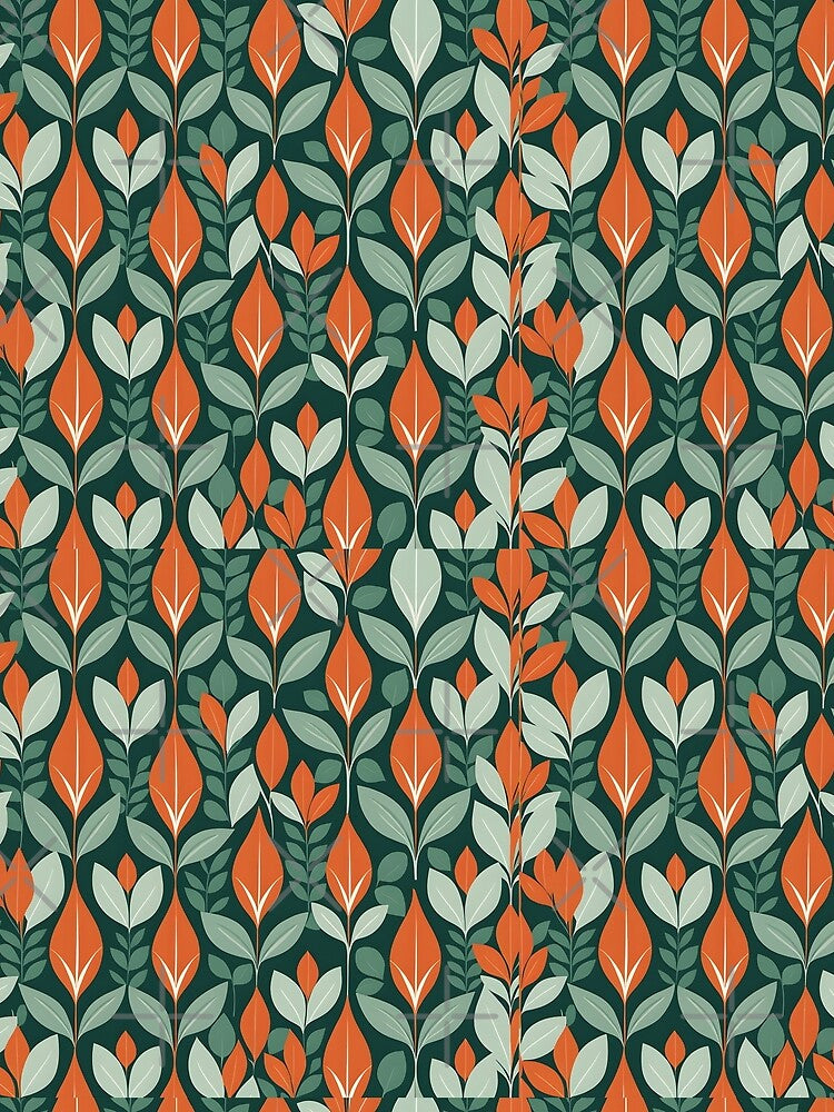 Retro Mid Century Modern Botanical Leaves Orange, Green by Prints and Lifestyle