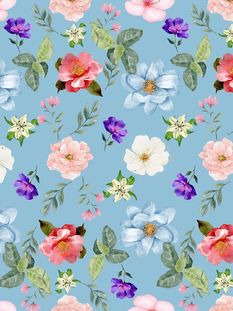 Elegant Watercolor Floral Seamless Pattern on Soft Blue Background by ArtiFize Store
