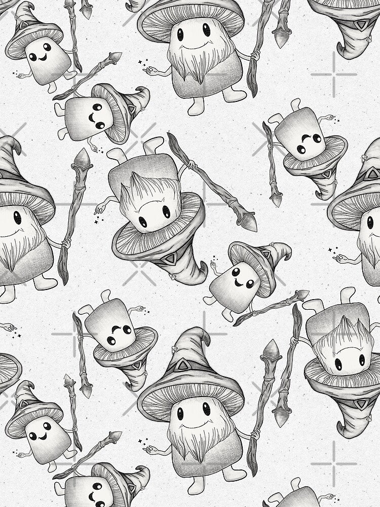 B&W Dotwork Cute Mushroom Mage Animated Characters Tossed Seamless Pattern by VibeFae