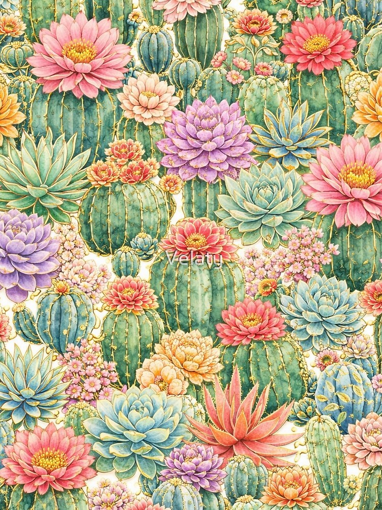 Blooming Cactus Garden – Colorful Succulent & Flower Botanical Pattern by Velaty