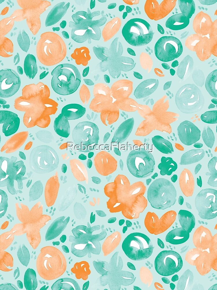 Floral Pattern #5 | Mint and Orange by RebeccaFlaherty
