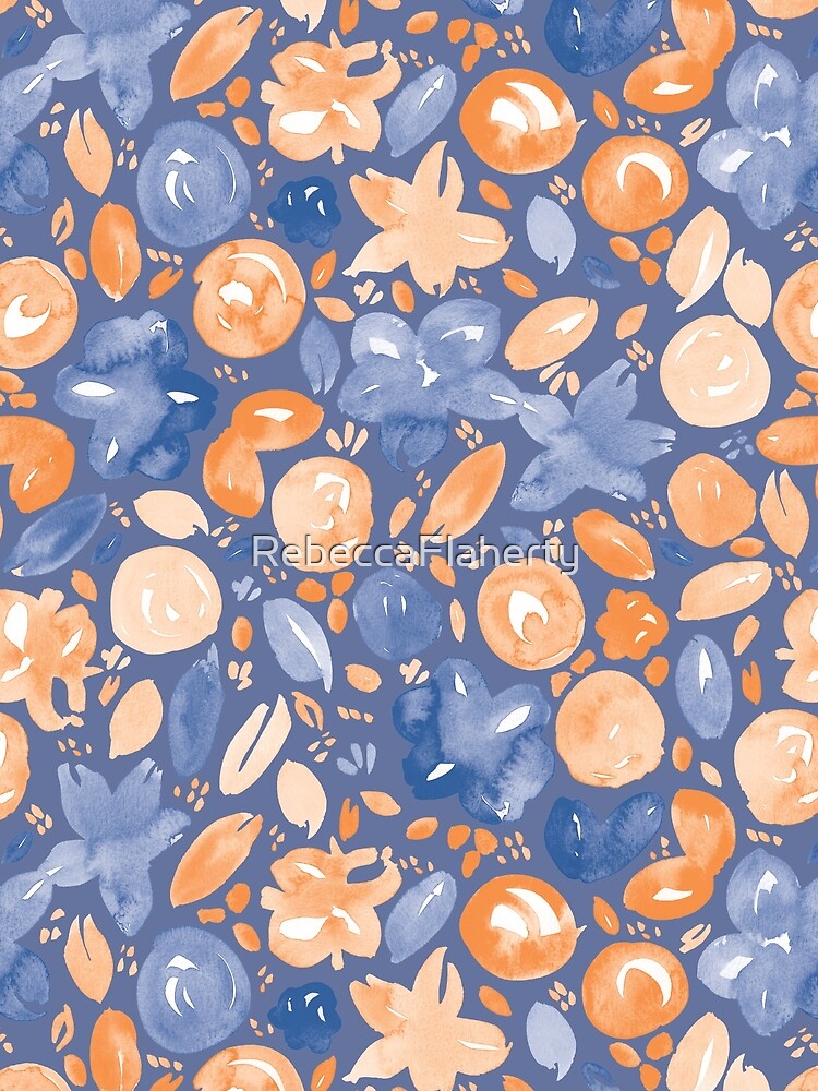 Floral Pattern #5 | Blue and Orange by RebeccaFlaherty