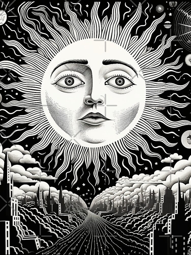 ASTRONOMICAL ILLUSTRATION OF A SUN IN BLACK AND WHITE by infinitearte