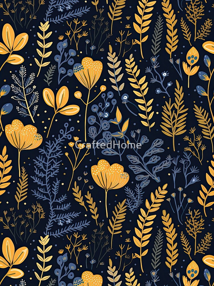 Navy and Mustard Botanical Pattern – Elegant Wildflower Floral Design by CraftedHome