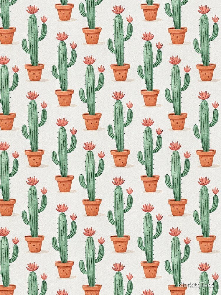 Watercolor Cactus Seamless Pattern with Coral Flowers, Boho Desert Art by KlarkiteTees