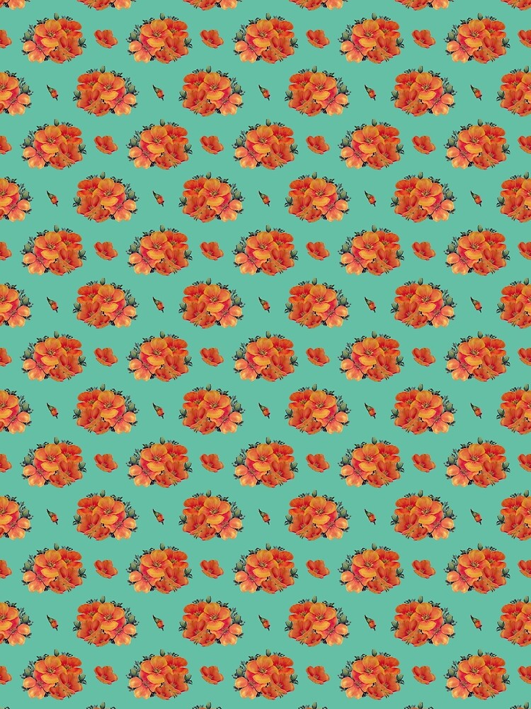 Orange vintage poppies on aqua by LittleBettyMakes