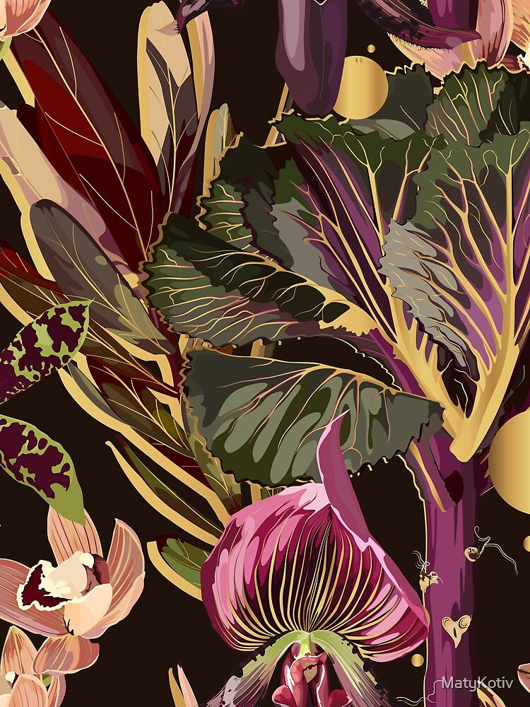 Tropical floral seamless pattern background with exotic dark violet flowers, golden elements and leaves. by MatyKotiv