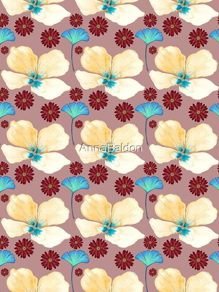 botanical pattern yellow flower and gingko leaf in rosy brown by AnnaBaldon