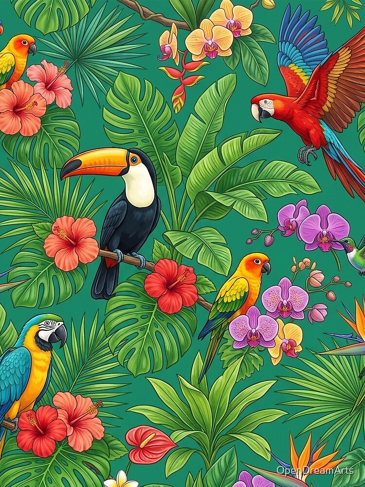 Seamless Tropical Pattern | Exotic Birds & Floral Jungle Print | Bright Summer Design by OpenDreamArts