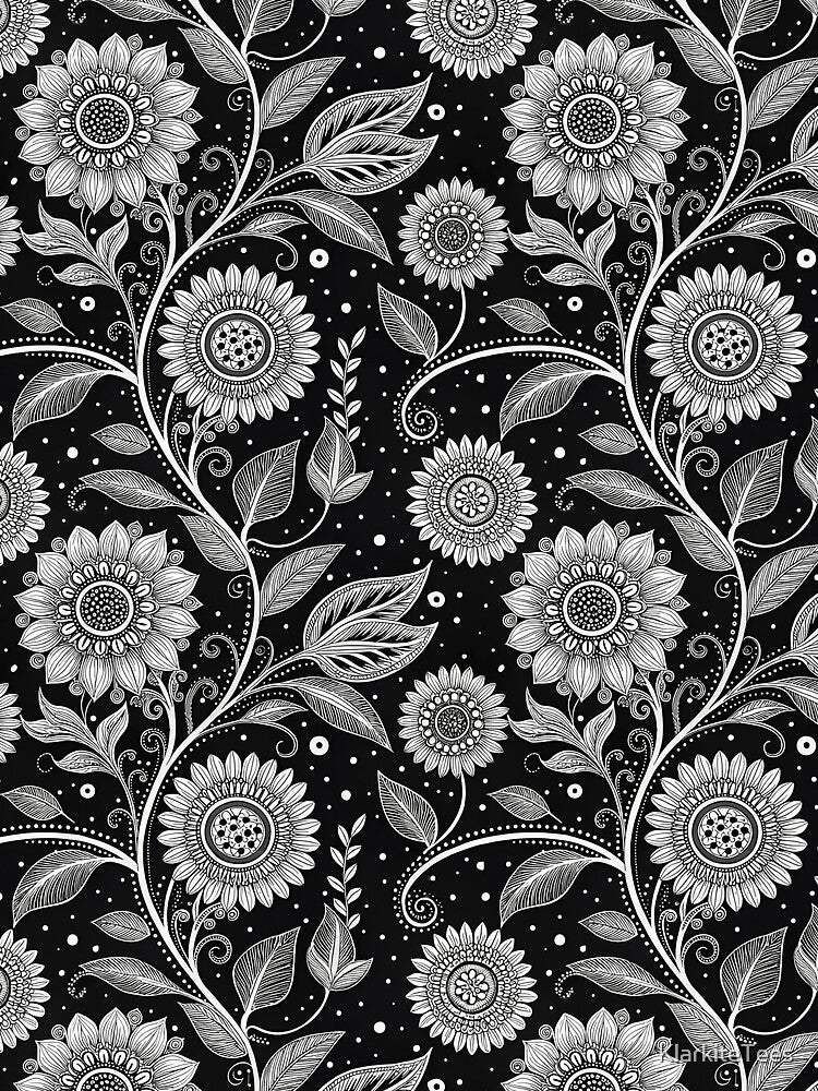 Seamless black and white floral pattern with hand drawn flowers and leaves by KlarkiteTees