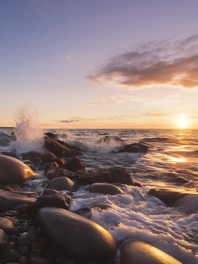 Golden Sunset Waves on Rocks – Serene Coastal Glow by EK-World