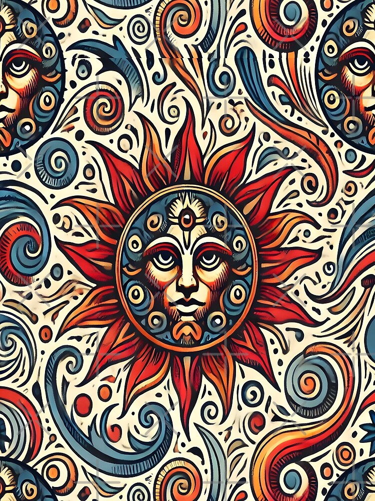Mystical Celestial Sun Face Pattern – Vintage Boho Cosmic Artwork with Ornate Spiritual Design for Astrology and Tarot Lovers by DrawHandArt