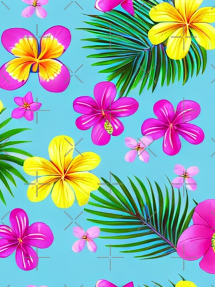 Pink and yellow tropical flowers on a light blue background by BirdsnStuff