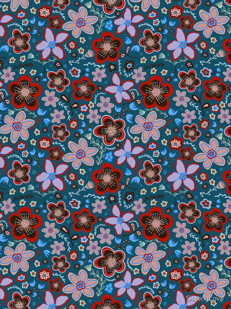 Red floral in teal by SisterlyLove