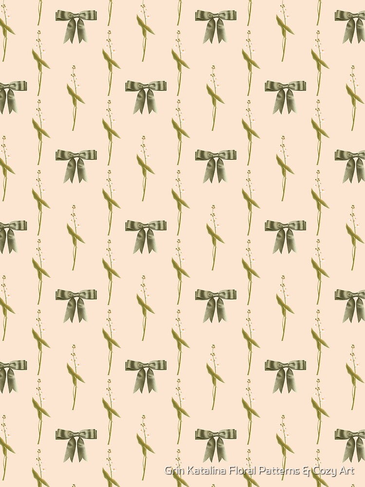 Botanical seamless print of white flowers, green leaves with green bows on a yellow background by Grin Katalina Floral Patterns & Cozy Art