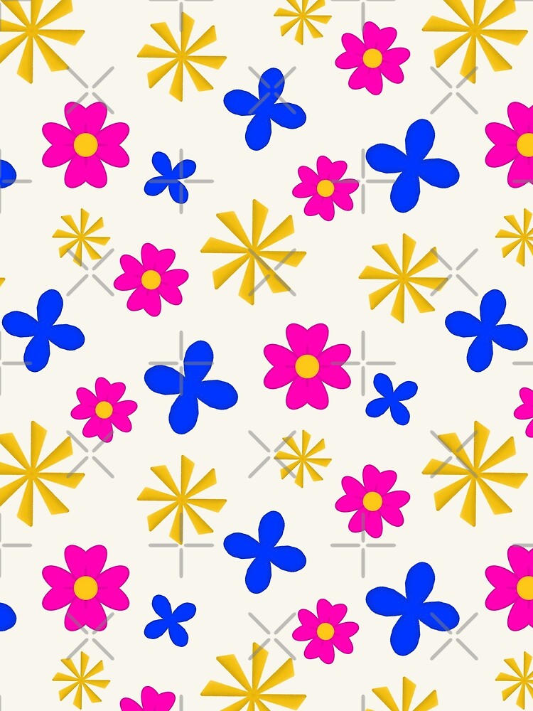 Colorful Floral Pattern | Pink Blue Flowers and Yellow Pinwheels on Soft Bone White Background by MFGB-Creations