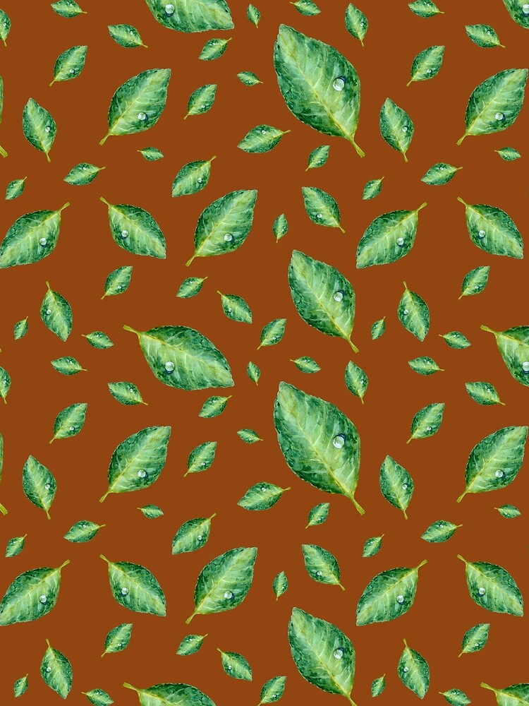 Green leaf with drop a seamless pattern brown by Yana Mustafina | Boho Soulful Designs