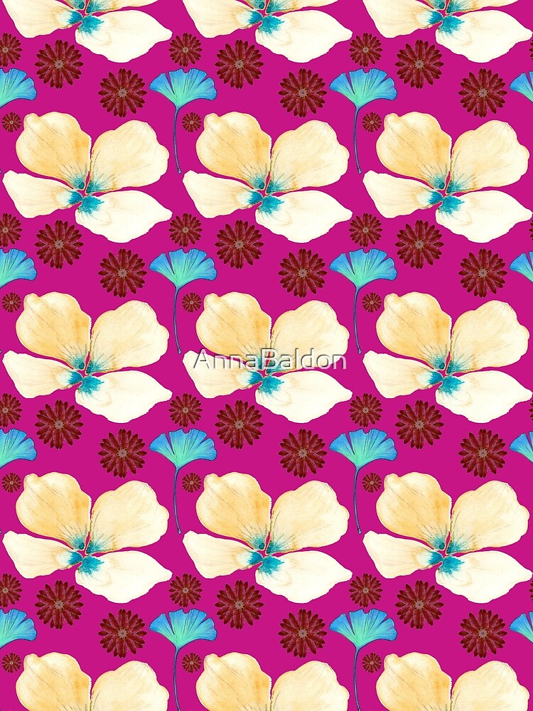 botanical pattern yellow flower and gingko leaf in medium violet red by AnnaBaldon